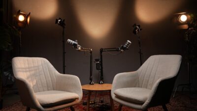 Creative,storytelling,unfolds,in,a,cozy,podcast,studio,with,warm